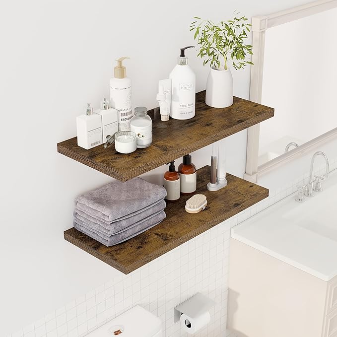 Dreamland 32" Floating Shelves for Wall, 12" Deep Slim Rustic Brown Floating Shelves, Wall-Mounted Shelves for Bedroom, Livin