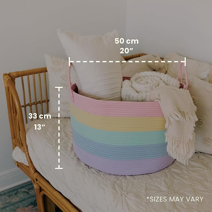 OrganiHaus Rainbow Blanket Basket for Classroom & Nursery, Extra Large Woven Laundry Basket w/Handles, Kids Toy Organizer & S