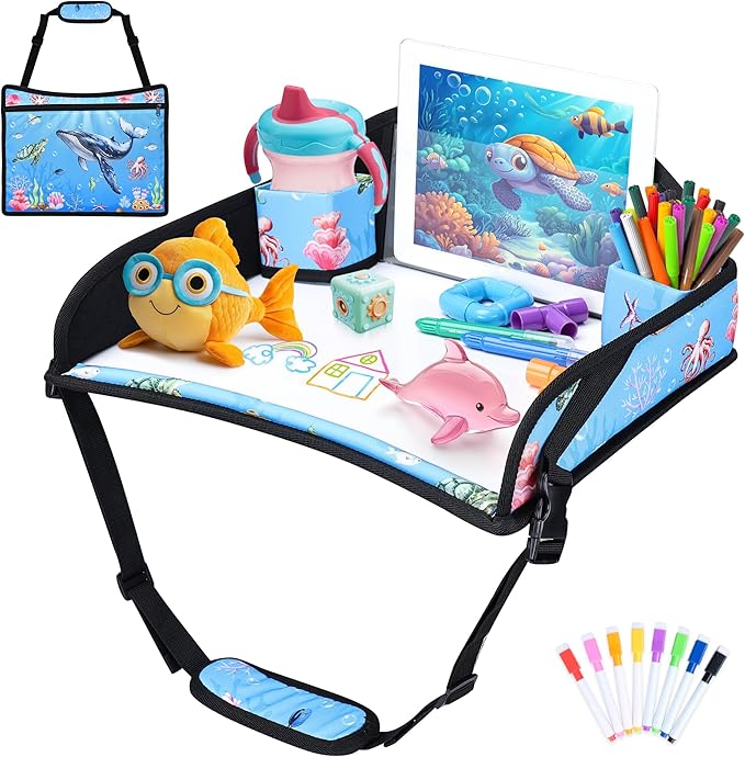 Kids Travel Tray for Toddler Carseat, Road Trip Activities Essentials for Toddler, Kids Lap Desk Tray with Tablet Holder Stand ＆ Dry Erase Board (Whale)