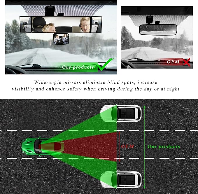 15" Rear View Mirror with Baby Mirror, Panoramic Anti-Glare Wide Angle Convex Rearview Mirror, Vehicle Interior Clip-on Rear View Baby Mirror Extender Reduce Blind Spot