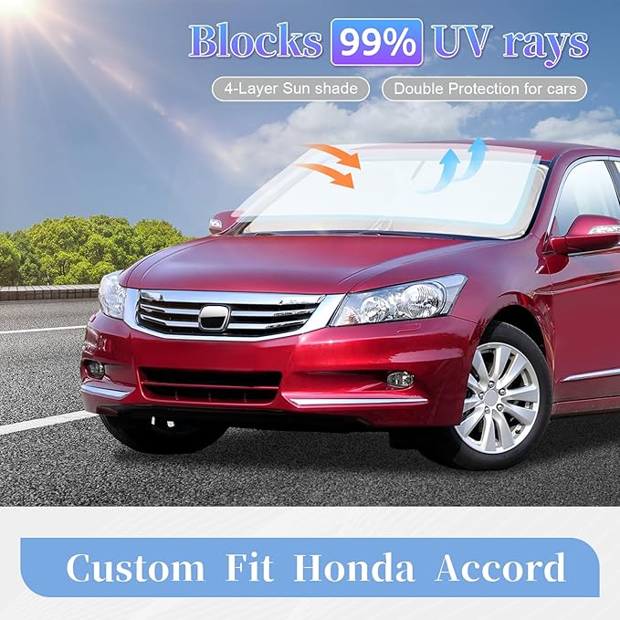 for Honda Accord 2013-2017 Sun Shade Sunshade Windshield Cover, 4-Layer Front Window Shade Custom Fit Accord 9th Gen Sun Visor Shield 240T Foldable Shade Sun Blocks UV Rays Cooler Car Accessories