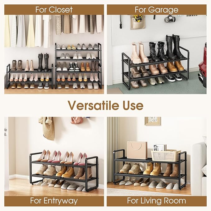 SAYZH Expandable Shoe Rack for Closet, Adjustable Metal Shoe Organizer with Sturdy Mesh Shelves for Boots & Heels, Stackable 