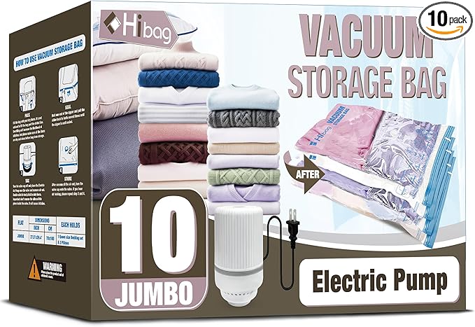 HIBAG Vacuum Storage Bags with Electric Pump, Vacuum Seal Bags for Clothing, Pillows, Blanket Bedding Comforters, 10 pack Jum