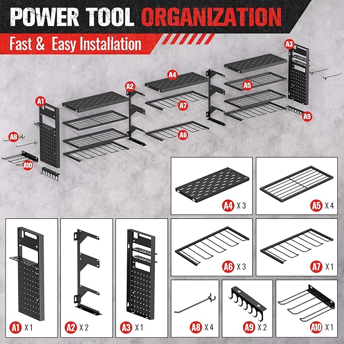 49.8" W Super Large Power Tool Organizer Wall Mount,4-Layer Heavy Duty Tool Storage with 18 Cordless Drill Holder,600 lb Capa