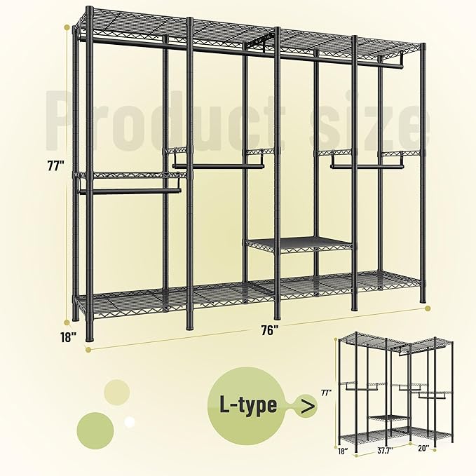Raybee Clothes Rack for Hanging Clothes,Clothing Rack with Shelves,Portable Closet,Adjustable,76" W x 77" H x 18" D,Max Load 