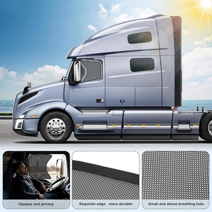 KUST 2PCS 23.6''*21.6'' Side Window Shade for Semi Truck, Peterbilt 389, Volvo VNL, Freightliner Cascadia, Freightliner Argosy - Mesh Sunshade with Suction Cup - Semi Truck Accessories for All Season