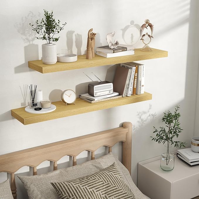 Fun Memories Rustic Wood Floating Shelves for Wall, Space-Saving Wall Mounted Shelves for Bathroom, Bedroom, Living Room and 