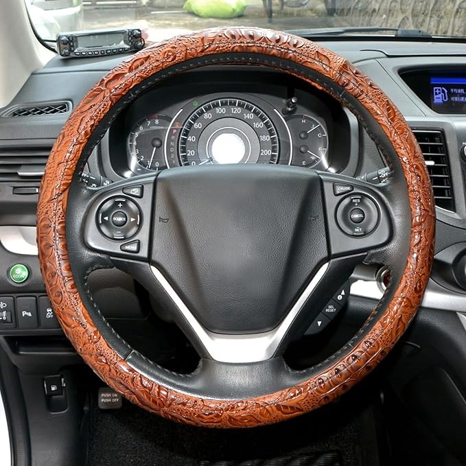 Car Steering Wheel Cover Universal 15 inch Auto Antislip Leather Protector Flower Grain Brown