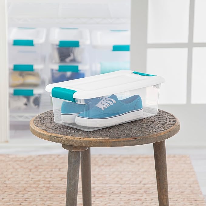 Sterilite 6 Qt Latching Storage Box, Stackable Bin with Latch Lid, Plastic Container to Organize Shoes on Closet Shelf, Clear