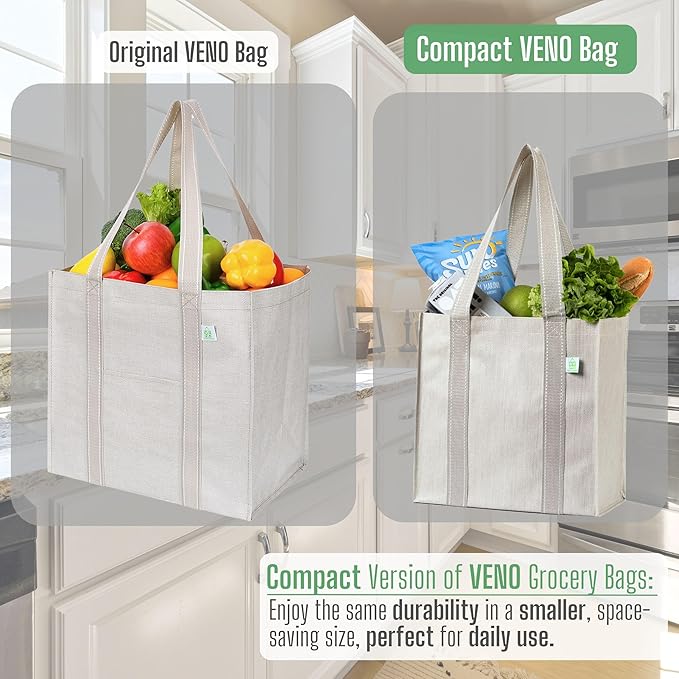 VENO 2-4 Pack Reusable Grocery shopping Bags, Medium Tote Bag w/Handle Hard Bottom, Heavy Duty, Foldable Carrier