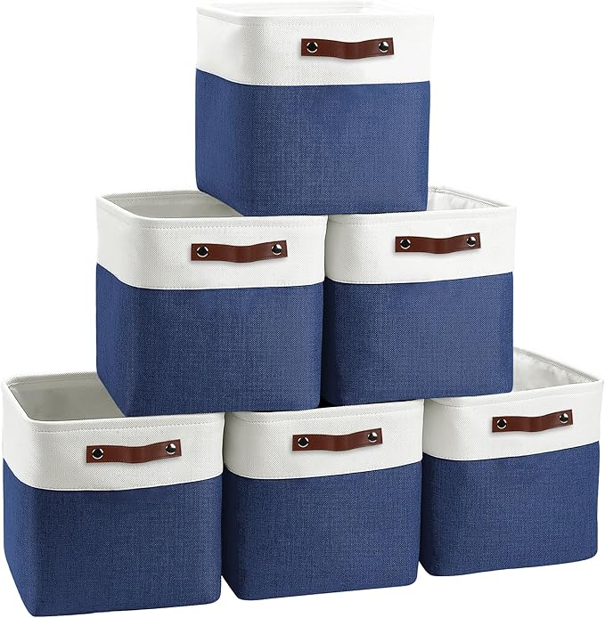 FinishingBo Cube Storage Baskets 6 Pack, 11x11 inch Cube Storage Bins with Leather Handles for Shelf Closet (White/ Blue)