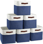 FinishingBo Cube Storage Baskets 6 Pack, 11x11 inch Cube Storage Bins with Leather Handles for Shelf Closet (White/ Blue)