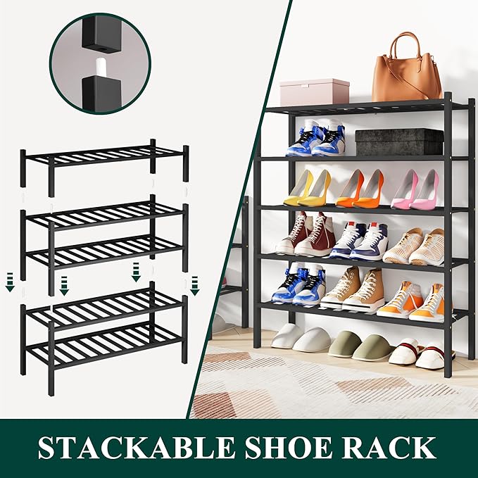 Smiry Shoe Rack, 2 Tier Bamboo Shoe Organizer, Stackable Free Standing Wooden Shoe Storage Shelf for Closet, Entryway, Front 