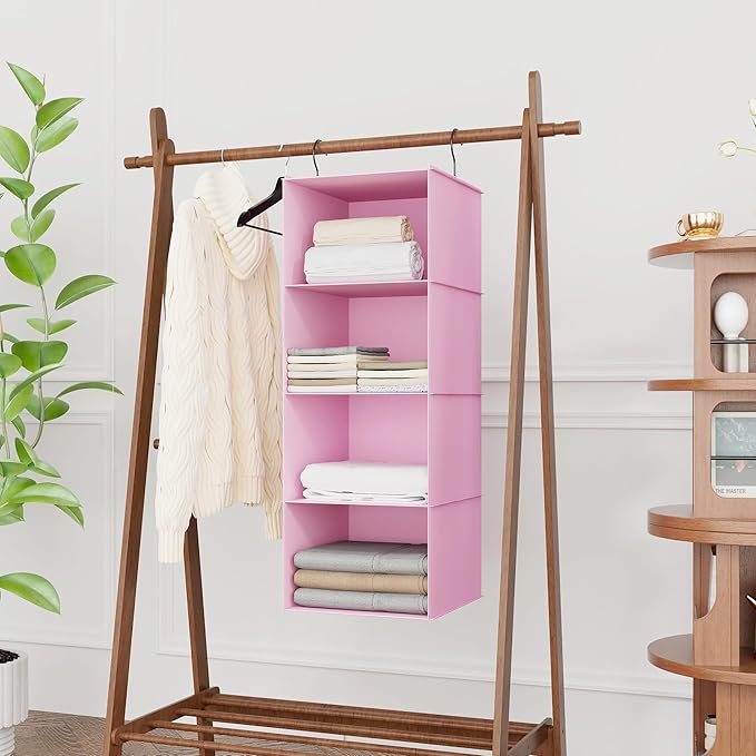 Hanging Closet Organizer, Easy Mount Foldable 4-Shelf Hanging Closet Wardrobe Storage Shelves, Clothes Handbag Shoes Accessor
