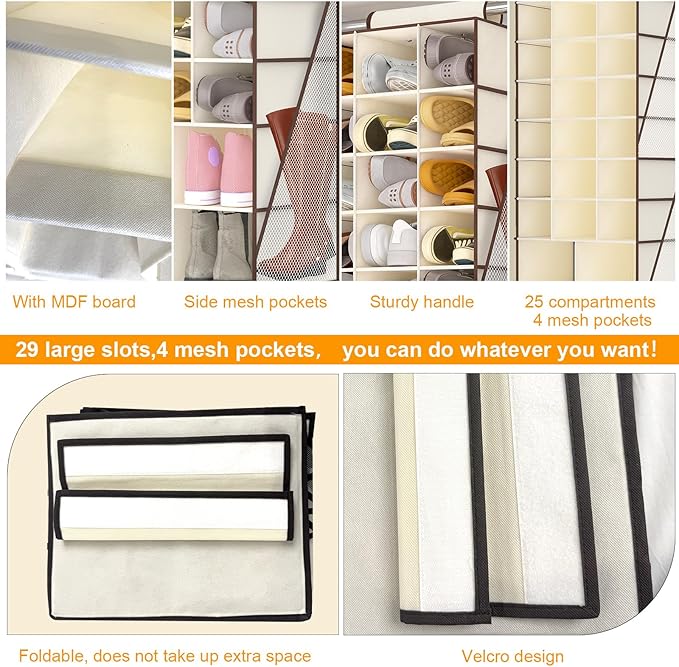VERONLY Hanging Shoe Organizer for Closet-Collapsible Storage Rack with 25 Sections & 4 Side Pockets, Hanging Shoe Shelves fo