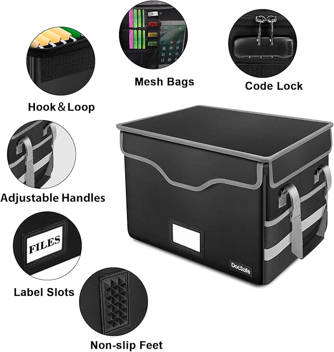 DocSafe Fireproof Document Box with Lock, File Storage Organizer with Mesh Pockets, Collapsible Portable File Box Home Office
