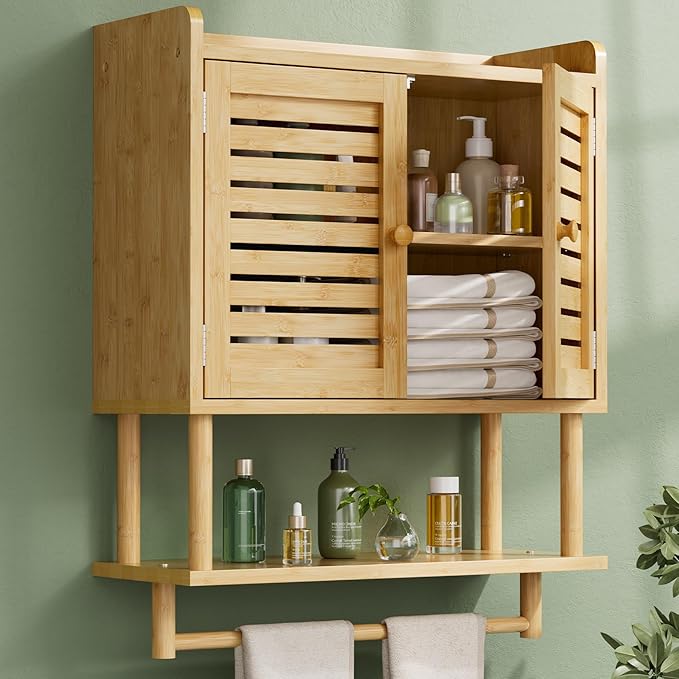 AmazerBath Bathroom Wall Cabinets, Large Bamboo Medicine Cabinets with Towel Bar, Hanging Over Toilet Storage Organizer Cabin