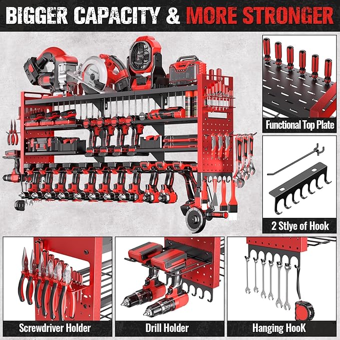 49.8" W Super Large Power Tool Organizer Wall Mount,4-Layer Heavy Duty Tool Storage with 18 Cordless Drill Holder,600 lb Capa