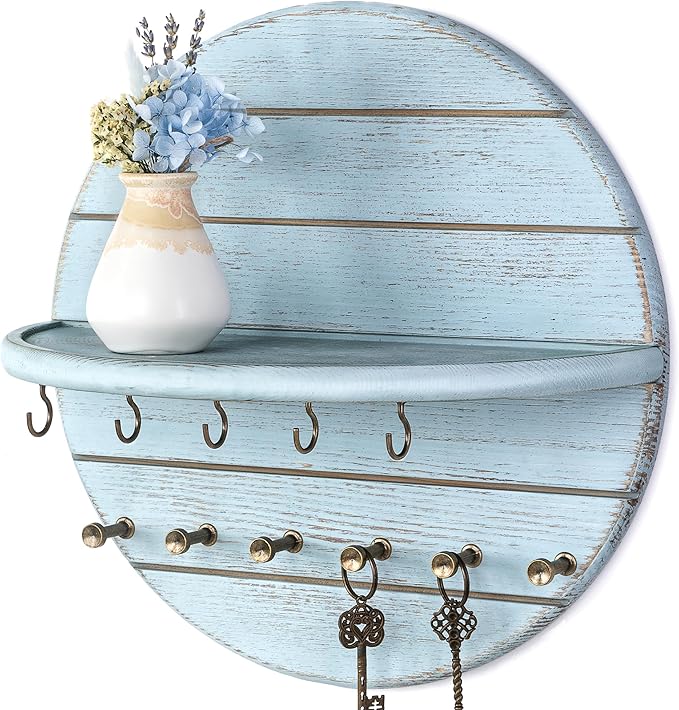 Rebee Vision Pine Wood Decorative Key Holder Wall Mount for Farmhouse Decor – Key and Mail Holder for Wall with Shelf and 11 