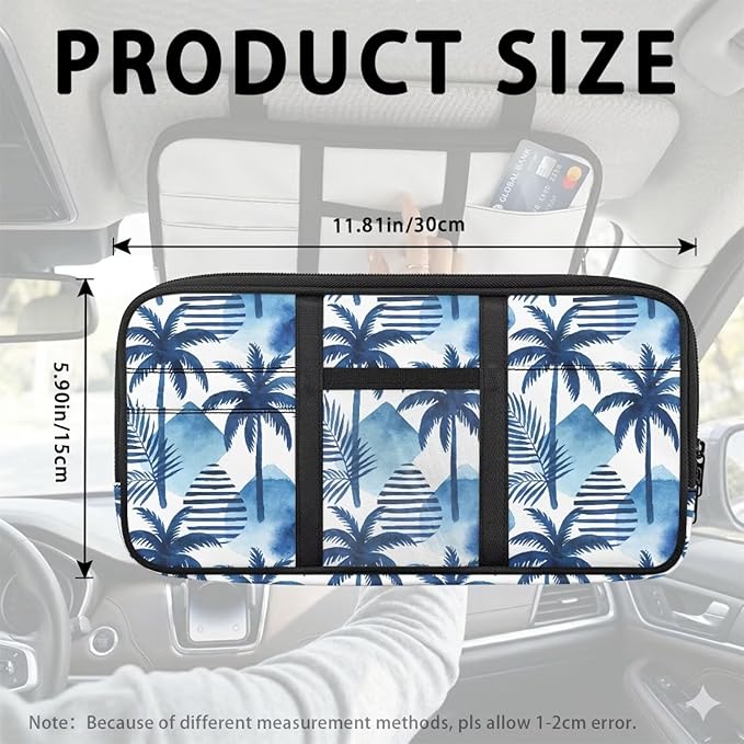 Sun Visor Organizer for Trucks,Blue Coconut Tree Car Essentials Tool Pack with Zipper Pockets Tactical Panel Adjustable Straps Auto Visor Storage Pouch