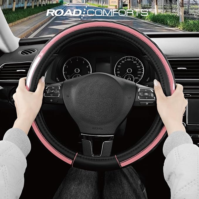 Road Comforts Leather Steering Wheel Cover – Black & Pink, Universal Fit 14.5-15 Inch, Microfiber Leather, Anti-Slip & Breath