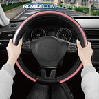 Road Comforts Leather Steering Wheel Cover – Black & Pink, Universal Fit 14.5-15 Inch, Microfiber Leather, Anti-Slip & Breath
