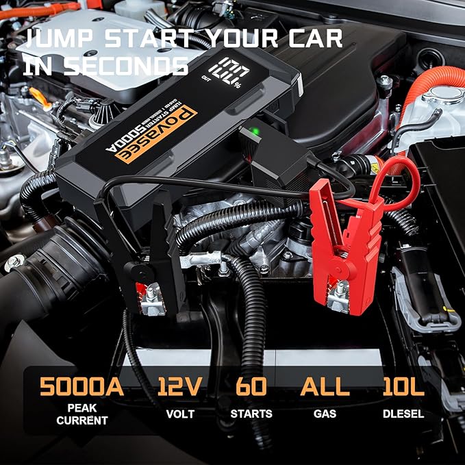 Povasee Car Battery Jump Starter 5000A Jump Box (All Gas/10L Diesel) Portable Car Jump Starter Battery Pack, 12V Jumper
