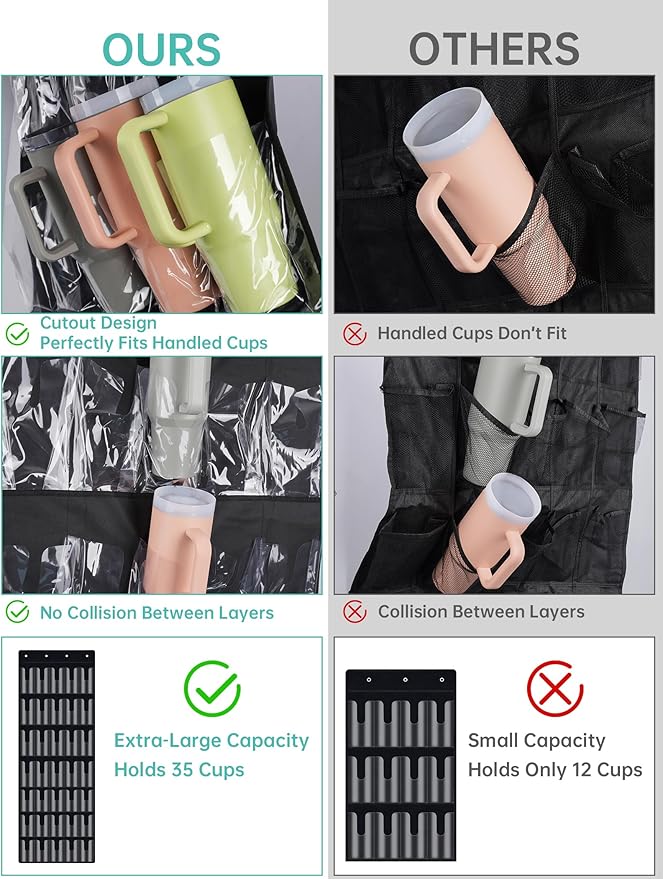 NiHome 35-Pocket Large Capacity Door Cup Organizer for Stanley Tumblers 30oz, 40oz, Door Hanging Water Bottle Storage with Do