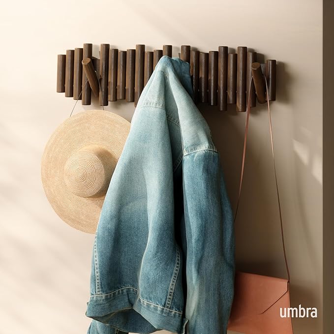 Umbra Picket Coat Rack with 8 Hooks – Walnut Wall-Mounted Coat Rack with Flip-Down Wooden Hooks, Real Pine Wood Decorative Wa