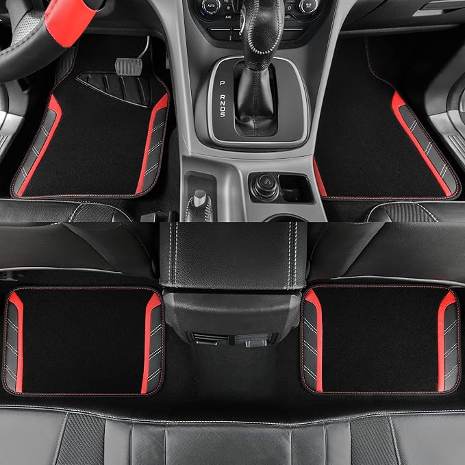 CAR PASS Leather Steering Wheel Cover and Waterproof Car Floor Mats,Microfiber Universal Car Combo Fit for 95% Sedan,SUV,Cars
