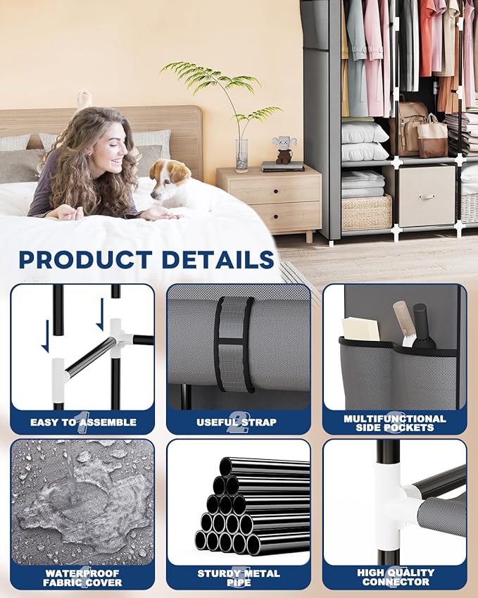 Mavivegue Portable Closet, 50 Inch Wardrobe Closet, Portable Closets for Hanging Clothes with 3 Hanging Rods and 6 Storage Sh