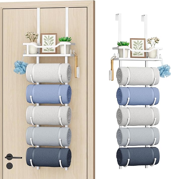 SWTYMIKI Over the Door Towel Rack - 6 Tier Towel Racks for Bathroom Wall Mounted, Towel Holder with Shelf, Hanging Rolled Tow
