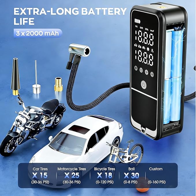 Tire Inflator Portable Air Compressor, 6000mAh Air Pump for Car Tires 160 PSI Portable Air Pump with Tire Gauge Pressure & LED Light & Auto Shut-Off Cordless Bike Pump for Car, Motor, Bike, Ball