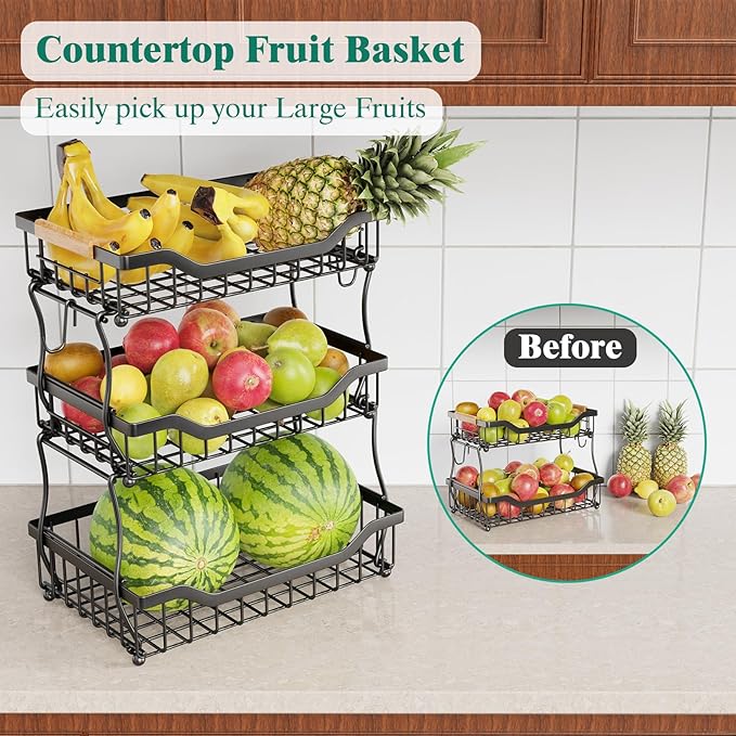 Giwil 3 Tier Countertop Fruit Basket for Kitchen, Vegetable Storage Bread Fruit Bowl Stand with 2 Banana Hooks, Wall Mounted 