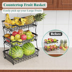 Giwil 3 Tier Countertop Fruit Basket for Kitchen, Vegetable Storage Bread Fruit Bowl Stand with 2 Banana Hooks, Wall Mounted 