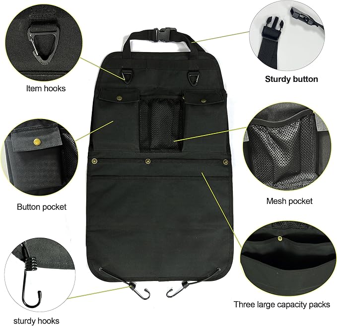 Black Car Seat Back Organizer with Multiple Pockets and Hooks