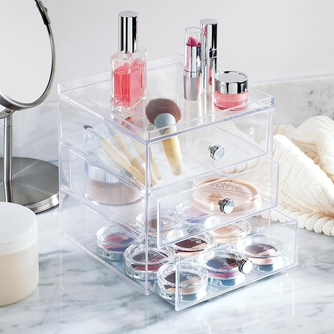 Clarity Cosmetic Organizer for Vanity Cabinet to Hold Makeup, Beauty Products - 3 Drawer, Clear