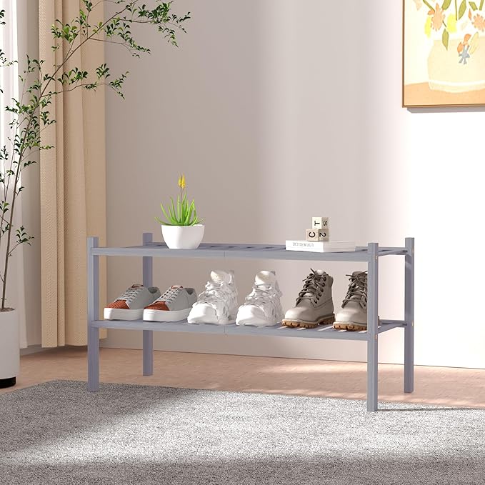 ROMGUAR CRAFT 2 Tier Bamboo Shoe Rack for Closet Free Standing Wood Shoe Shelf for Entryway Small Space Stackable 27"x11"x13"