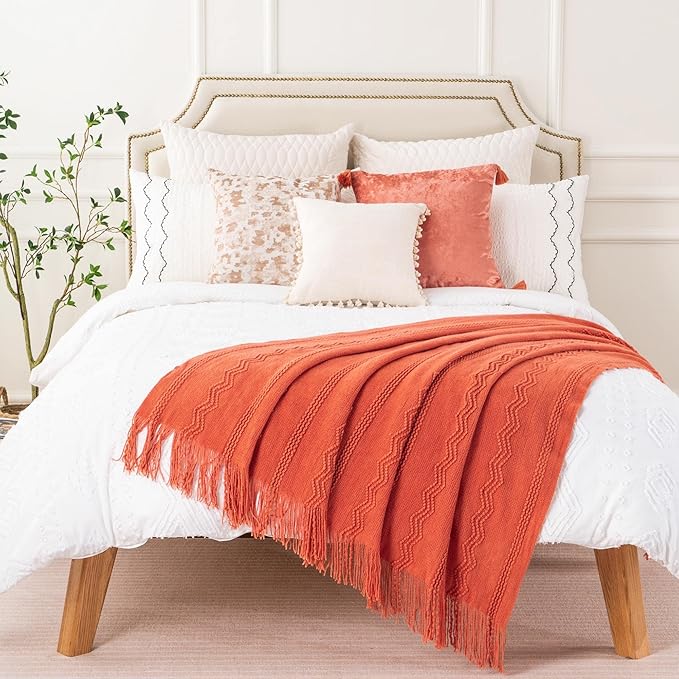 BATTILO HOME Orange Fall Throw Blanket for Couch Sofa, Knitted Decorative Blankets Throws Halloween Throw Blanket Fall Decora