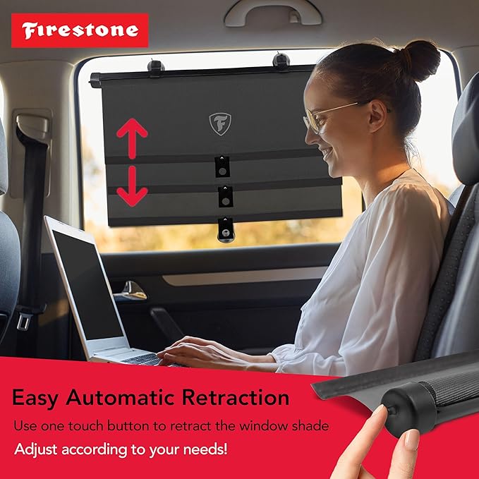 Firestone 2 Pack Retractable Car Window Sunshades - Blocks 99% UV Rays, Lightweight & Compact Car Side Window Screen with Automatic Retract Button, Blocks Glare & Heat, Gray
