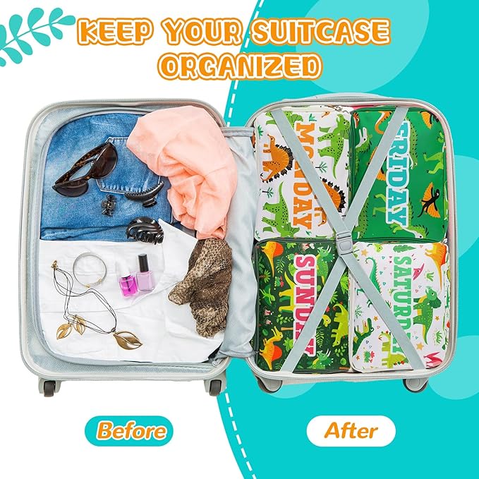 Paterr 7 Pcs Packing Cubes for Travel Kids Days of Week Compression Packing Cubes Colorful Luggage Organizers Suitcase Camp(D