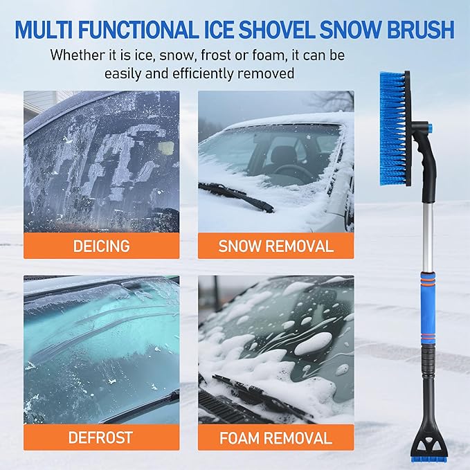 32'' Snow Brush and Ice Scraper for Car Windshield, Aluminum Extendable Snow Removal Tool for Car Window with with Foam Grip and 360° Pivoting Brush Head for for Cars, SUV & Trucks(1pack)