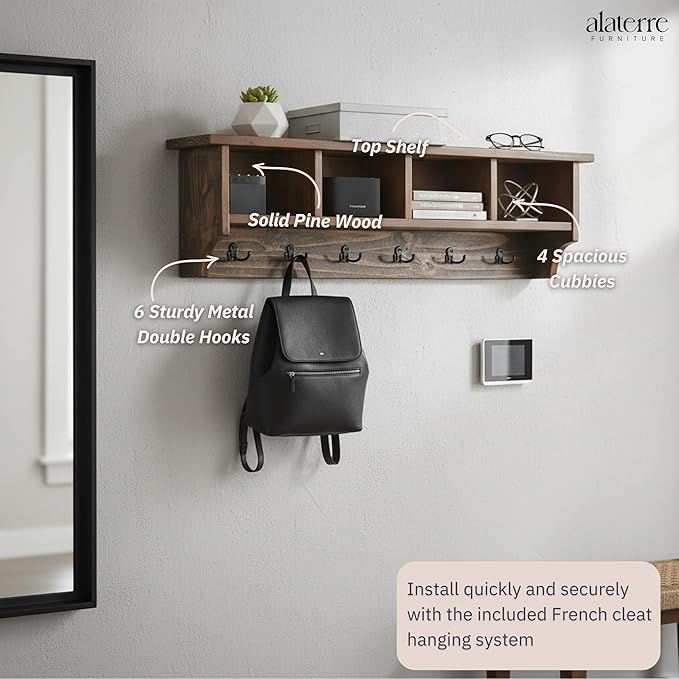 Alaterre Furniture Pomona Entryway Organizer – Rustic Farmhouse 48-Inch Wall-Mounted Coat Rack with 6 Double Hooks & 4 Open C