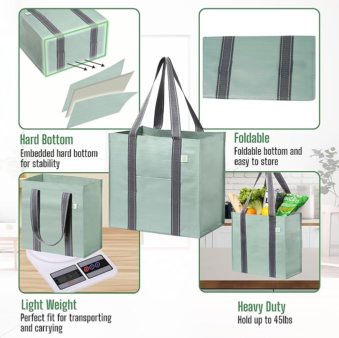 VENO 2-4 Pack Reusable Grocery shopping Bags, Medium Tote Bag w/Handle Hard Bottom, Heavy Duty, Foldable Carrier