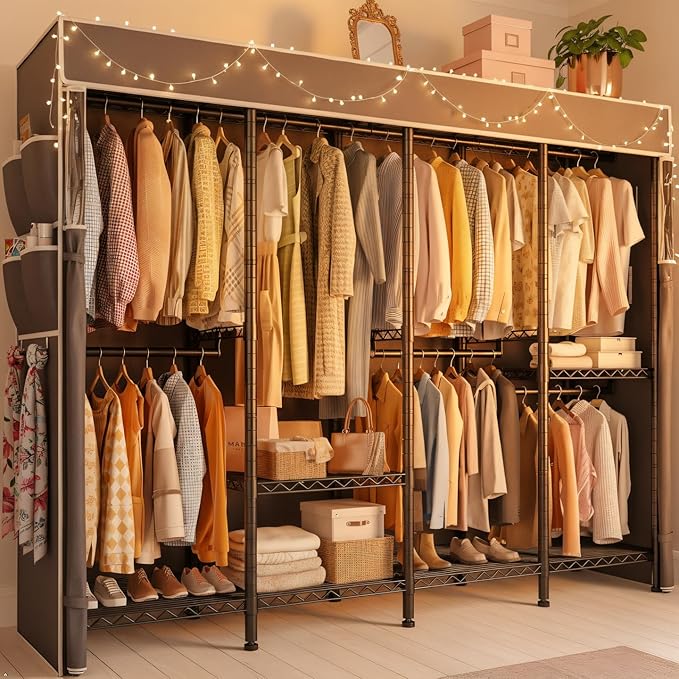 Raybee Clothes Rack with Cover,1100 LBS,Clothing Racks for Hanging with 10 Shelves& 7 Rods,Portable Closet Heavy Duty,Adjusta