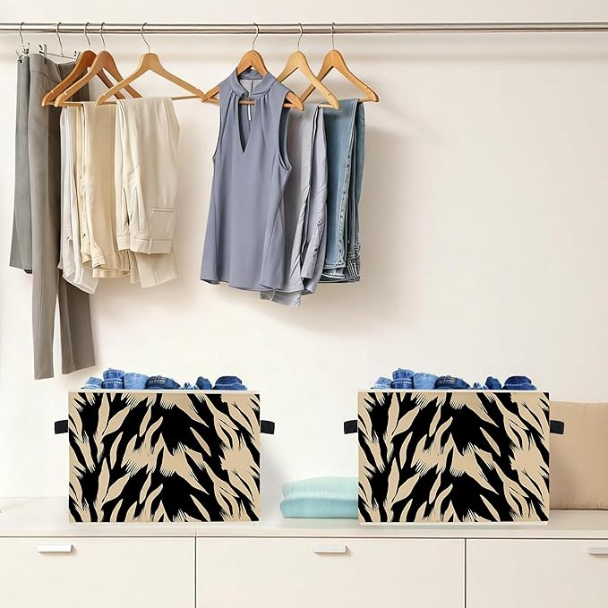 Black and Beige Abstract Storage Box Bins, Boho Modern Abstract Zebra Striped Collapsible Storage Basket Organizer for Bedroo