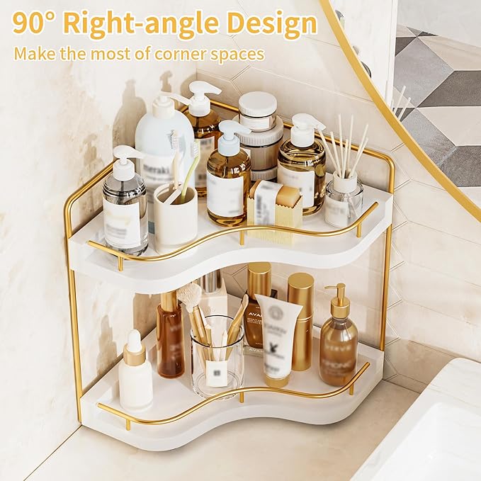 2-Tier Corner Bathroom Counter Organizer with Embedded Screw Holes, Secure & Stable Wood Vanity Shelf for Makeup and Skincare