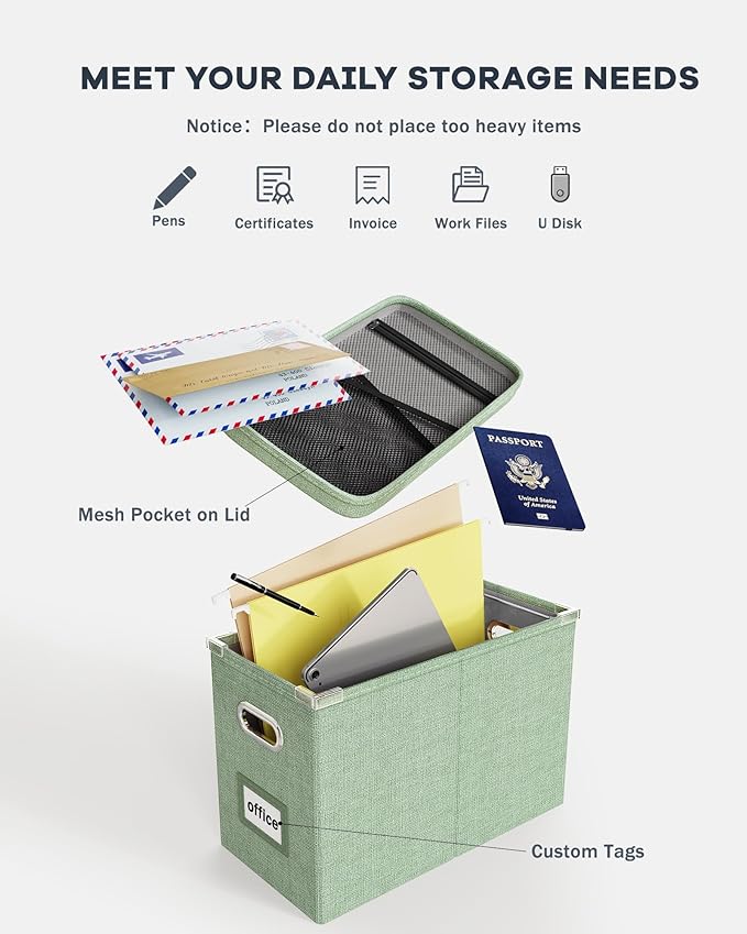 Oterri File Organizer Box with Lid, Hanging Filing File Box with Mesh Pocket, Document Organizer Box for Letter Files, Portab