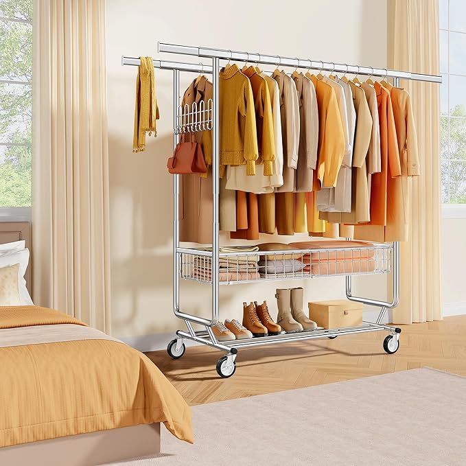 Gewudraw Heavy Duty Clothes Rack with Metal Basket, 1060 LBS Rolling Double Rod Garment Rack, Portable Extendable Clothing Ra