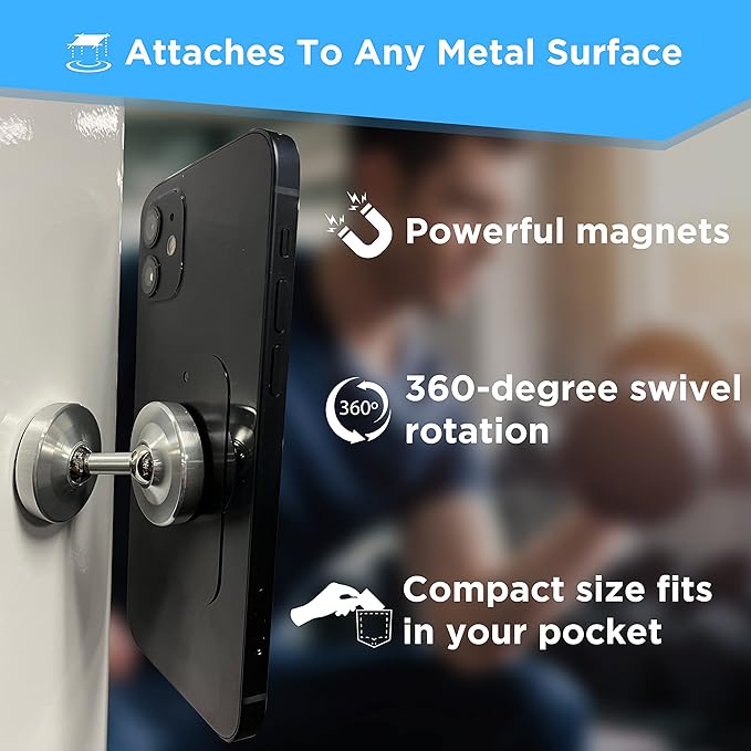 Gym Mate Dual Magnetic Phone Mount & Holder – Attaches Magnetically to Metal Surfaces – Shoot Hands-Free Workout Videos – Strong Joints & Magnets – Compact Size